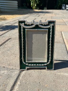 Vintage 1989 Mann Green Enamel Picture Frame, Fabergé Style Silver Tone 3x5”